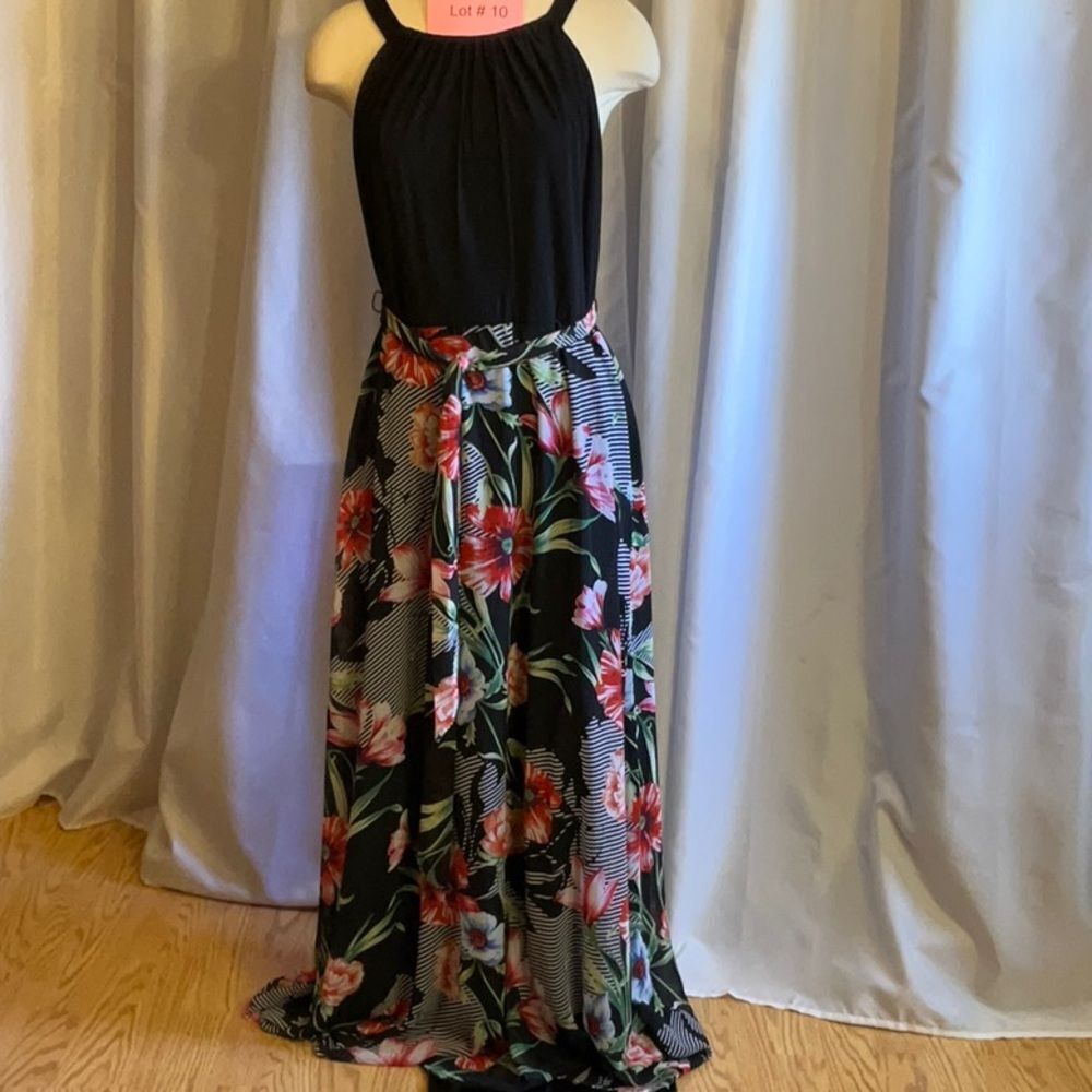 Maxi dress with halter style top, boldly flower skirt matching belt size 10 - Picture 1 of 12